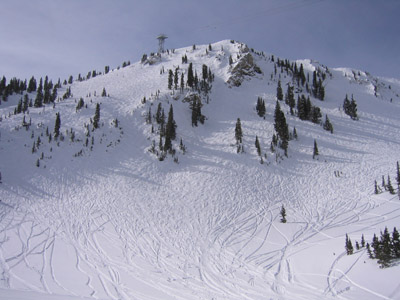 Chapter 8, Day 25 (March 24, 2006): Upper Silver Fox, including Rock Chute (left), North Chute (center), and Hanging Bowl (right)