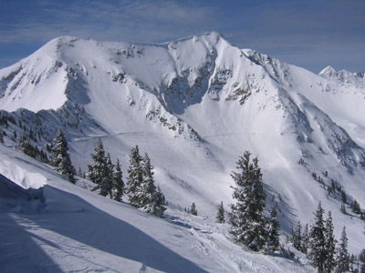Chapter 10, Day 26 (April 2, 2006): The American Fork Twin Peaks and the Pfeifferhorn (far right) from Snowbird’s Hidden Peak